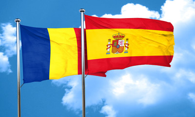Romania flag with Spain flag, 3D rendering