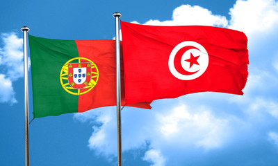 Portugal flag with Tunisia flag, 3D rendering