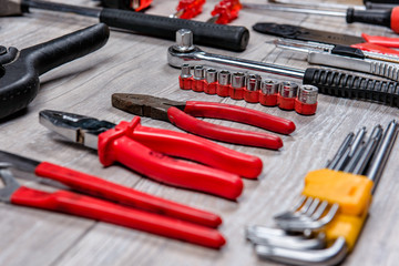 Construction hand tools flat lay