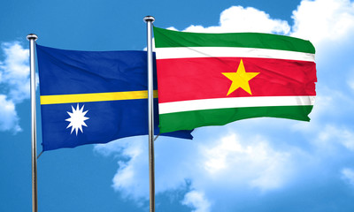 Nauru flag with Suriname flag, 3D rendering