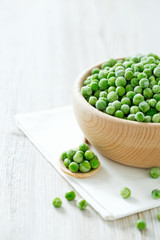 frozem peas on wooden surface