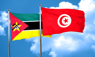 Mozambique flag with Tunisia flag, 3D rendering