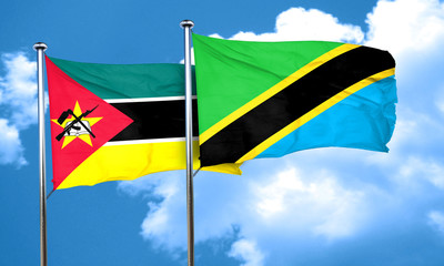 Mozambique flag with Tanzania flag, 3D rendering