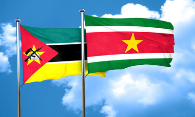 Mozambique flag with Suriname flag, 3D rendering