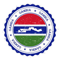 Gambia map and flag in vintage rubber stamp of state colours. Grungy travel stamp with map and flag of Gambia. Country map and flag vector illustration.