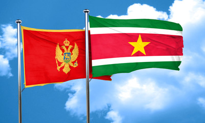 Montenegro flag with Suriname flag, 3D rendering