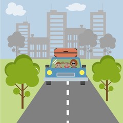 Family goes on vacation. Vector illustration. There is a mother with her children in a car on the picture