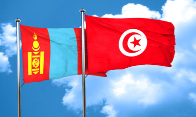 Mongolia flag with Tunisia flag, 3D rendering