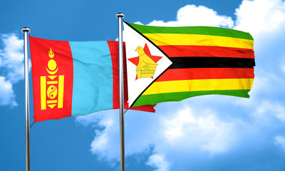 Mongolia flag with Zimbabwe flag, 3D rendering