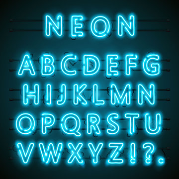 Neon font text. blue english Lamp. Alphabet . Vector illustration