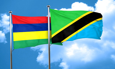 Mauritius flag with Tanzania flag, 3D rendering