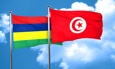 Mauritius flag with Tunisia flag, 3D rendering