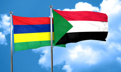 Mauritius flag with Sudan flag, 3D rendering