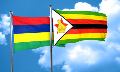 Mauritius flag with Zimbabwe flag, 3D rendering