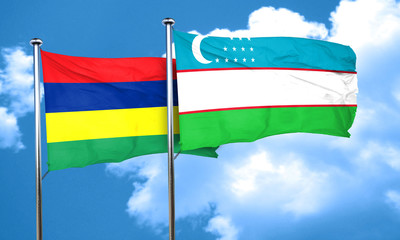 Mauritius flag with Uzbekistan flag, 3D rendering