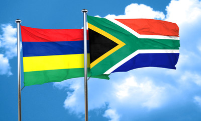Mauritius flag with South Africa flag, 3D rendering