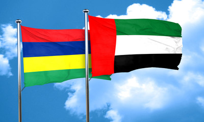 Mauritius flag with UAE flag, 3D rendering