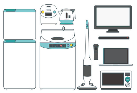 Vector set : Home appliances(vacuum cleaner, cooker, vacuum cleaner, refrigerator, computer, microwave, remote control, pot)