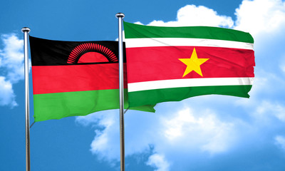 Malawi flag with Suriname flag, 3D rendering