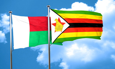 Madagascar flag with Zimbabwe flag, 3D rendering