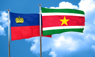 Liechtenstein flag with Suriname flag, 3D rendering