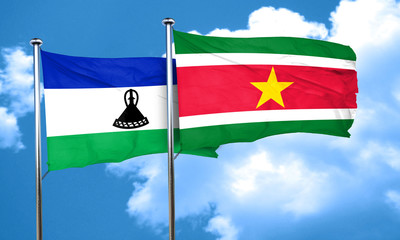 Lesotho flag with Suriname flag, 3D rendering