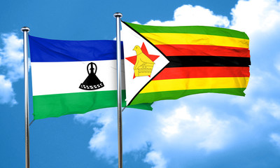 Lesotho flag with Zimbabwe flag, 3D rendering