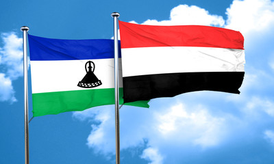 Lesotho flag with Yemen flag, 3D rendering