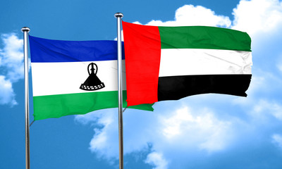 Lesotho flag with UAE flag, 3D rendering