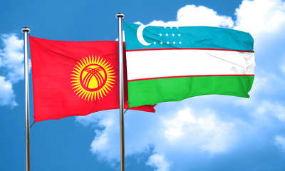 Kyrgyzstan flag with Uzbekistan flag, 3D rendering