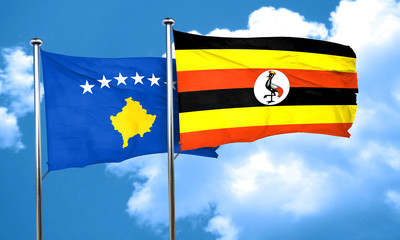 Kosovo flag with Uganda flag, 3D rendering
