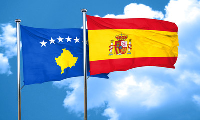 Kosovo flag with Spain flag, 3D rendering