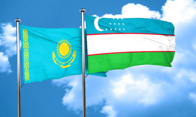 Kazakhstan flag with Uzbekistan flag, 3D rendering