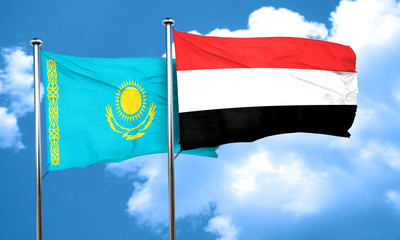 Kazakhstan flag with Yemen flag, 3D rendering