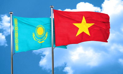 Kazakhstan flag with Vietnam flag, 3D rendering