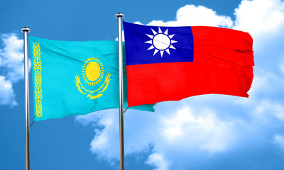 Kazakhstan flag with Taiwan flag, 3D rendering