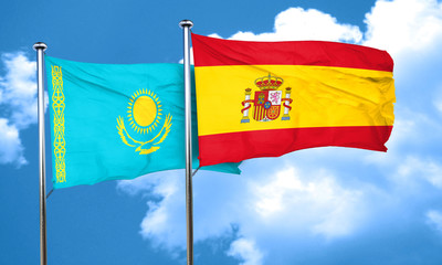 Kazakhstan flag with Spain flag, 3D rendering