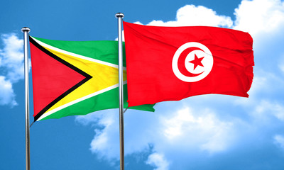 Guyana flag with Tunisia flag, 3D rendering