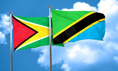 Guyana flag with Tanzania flag, 3D rendering