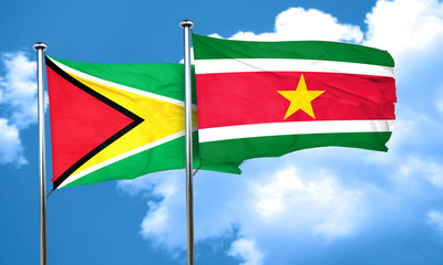 Guyana flag with Suriname flag, 3D rendering
