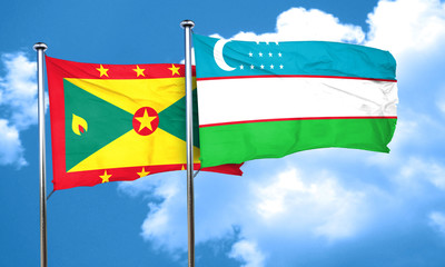 Grenada flag with Uzbekistan flag, 3D rendering