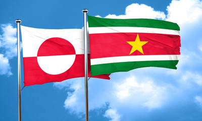 greenland flag with Suriname flag, 3D rendering