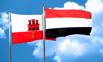 gibraltar flag with Yemen flag, 3D rendering