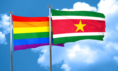 Gay pride flag with Suriname flag, 3D rendering