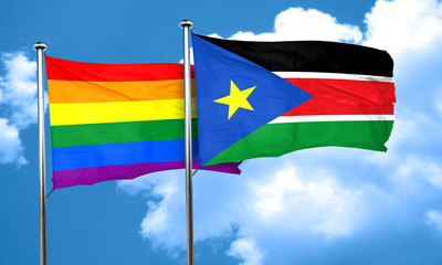 Gay pride flag with South Sudan flag, 3D rendering