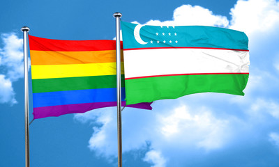 Gay pride flag with Uzbekistan flag, 3D rendering