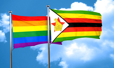 Gay pride flag with Zimbabwe flag, 3D rendering