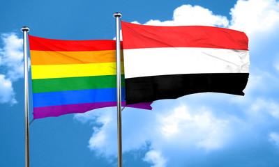 Gay pride flag with Yemen flag, 3D rendering