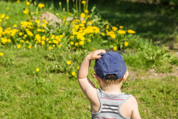 little boy laying with flowers outdoors