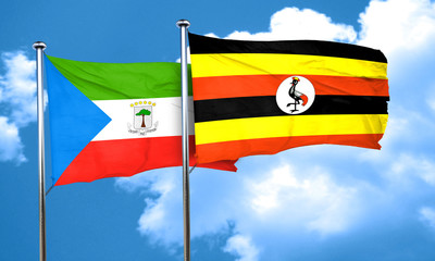 Equatorial guinea flag with Uganda flag, 3D rendering